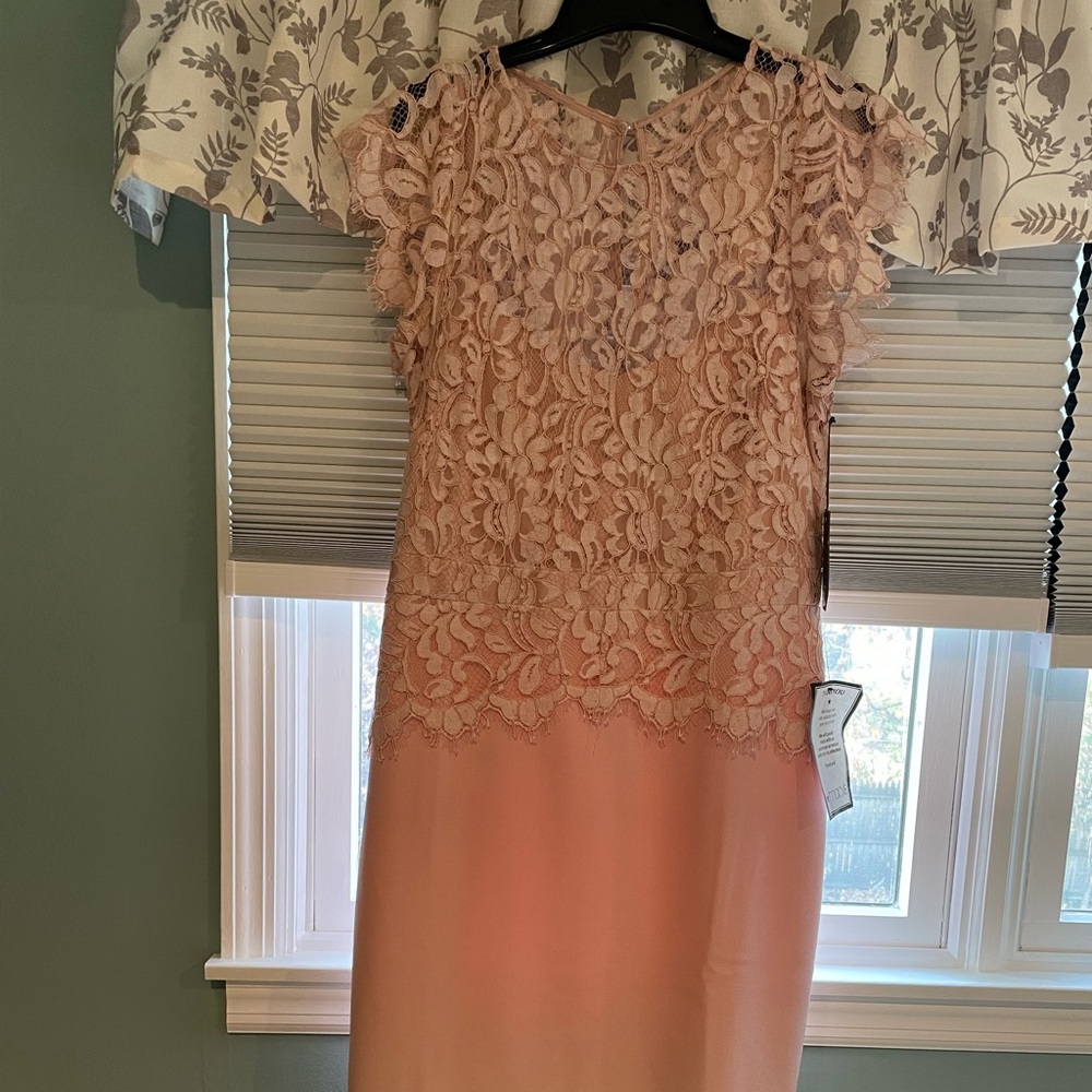 Vince Camuto designer stunning pink lace dress. NWT. Round neck, cap sleeves.